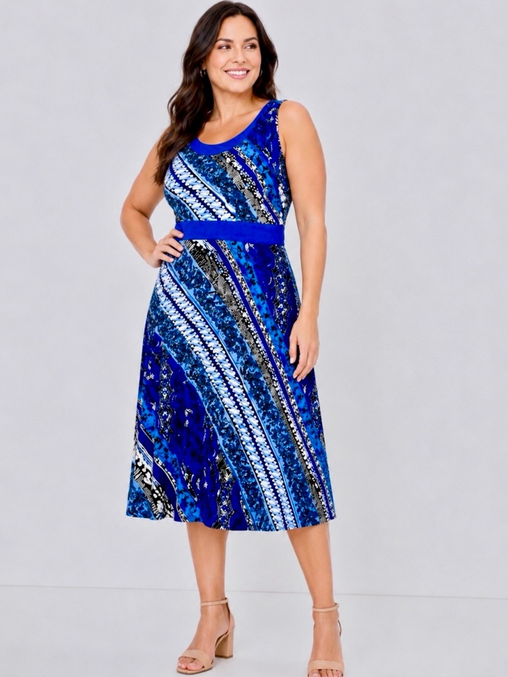 Perceptions NY Blue Geometric Abstract Midi Dress Size 14 Sleeveless Career